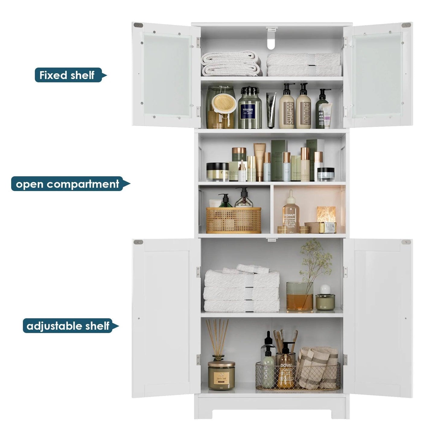 Bathroom wardrobe bathroom wardrobe with open compartment and 4 doors wood kitchen wardrobe with adjustable floor White 147.5x60 - Buy Cheaply Furniture