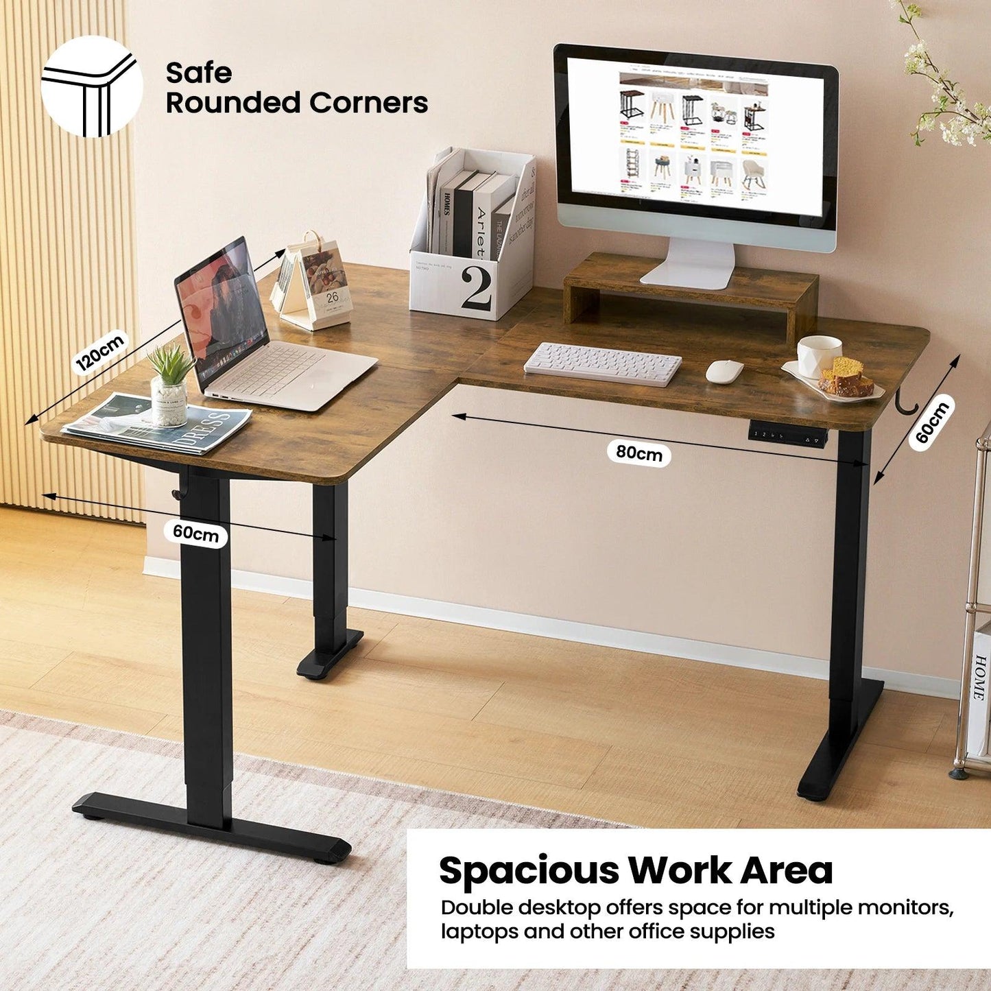 Electric L-shaped Sit Stand Desk Corner Table 140x120cm Height Adjustable Computer Desk with 4 Memory Controls Monitor Stand - Buy Cheaply Furniture