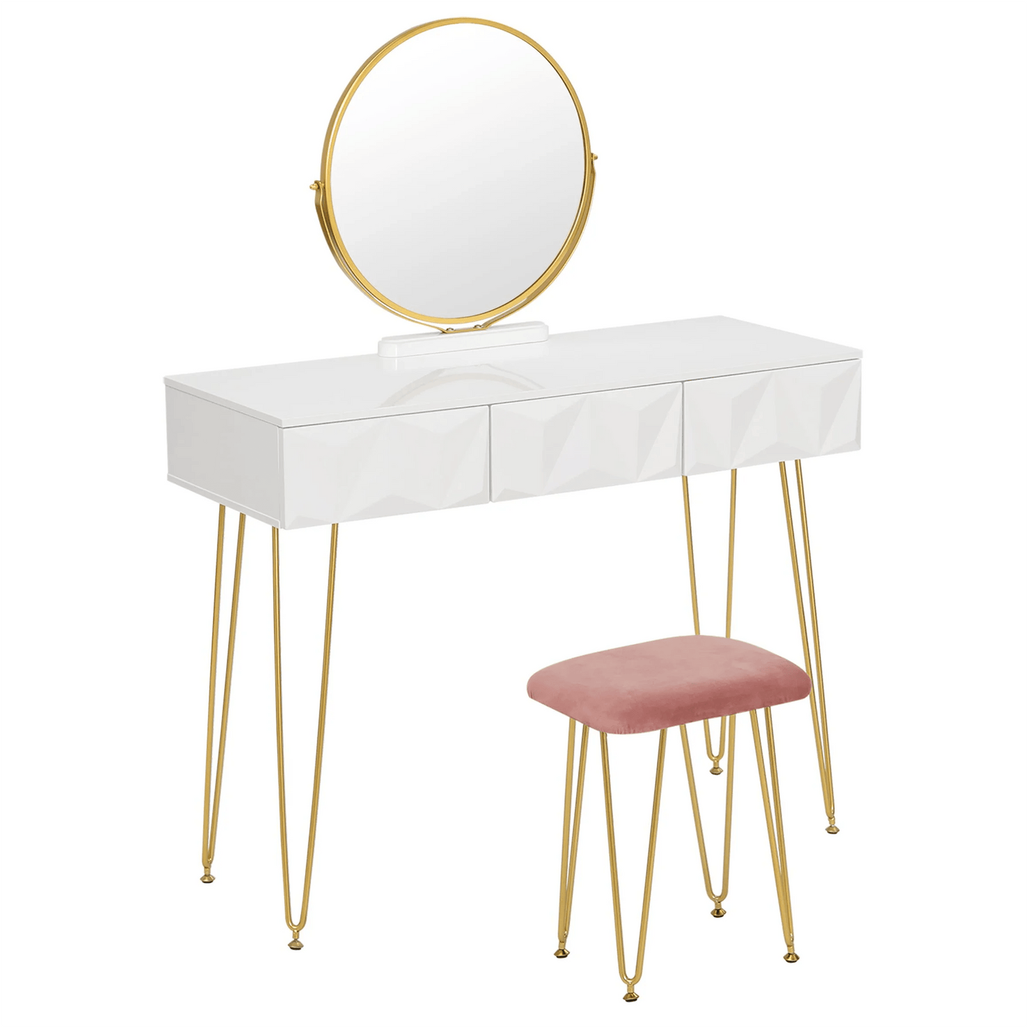 1SET White Gold Dressing Table with 360° Swivel Mirror 3 Drawers 3D Effect Velvet Stool Cosmetic Makeup Vanity Table for Bedroom - Buy Cheaply Furniture