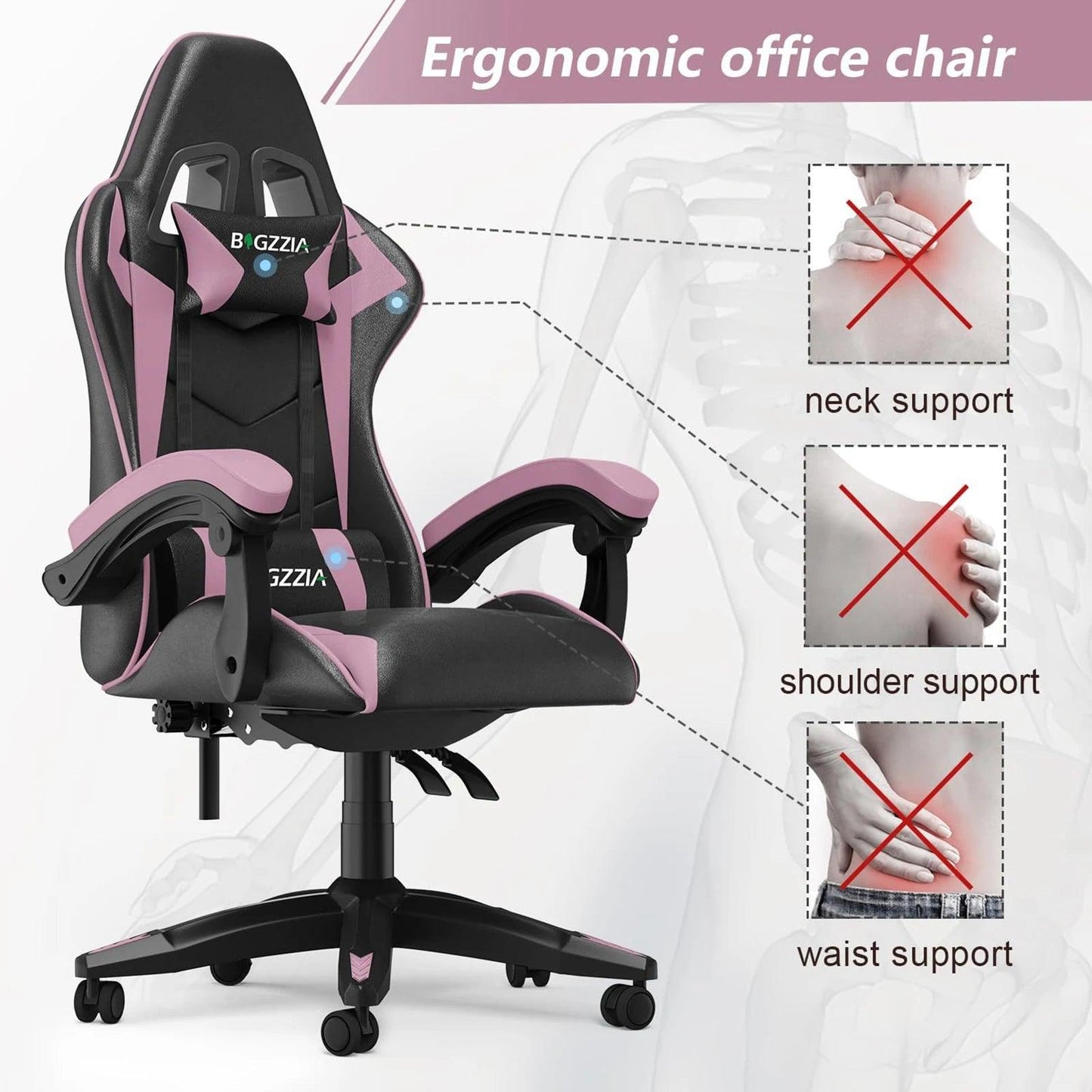 Bigzzia Ergonomic Gaming Chair Gamer Chairs with Lumbar Cushion Headrest, Height-Adjustable Computer Office Chair for Home - Buy Cheaply Furniture