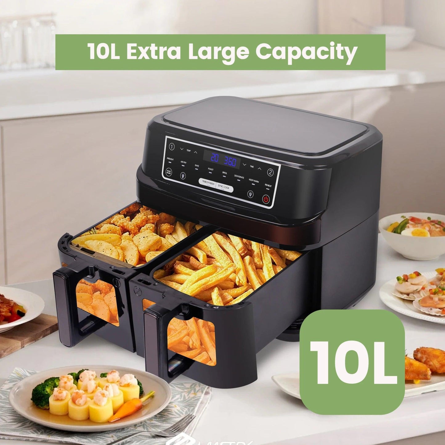 Hot air fryer 2 chambers with viewing window, 10L Double drawers, Hot air fryer with touch screen 8 auto progrmas - Buy Cheaply Furniture