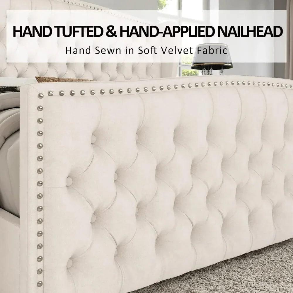 Velvet Upholstered Bed with Deep Button Tufted & Nailhead Trim Wingback Headboard - Buy Cheaply Furniture