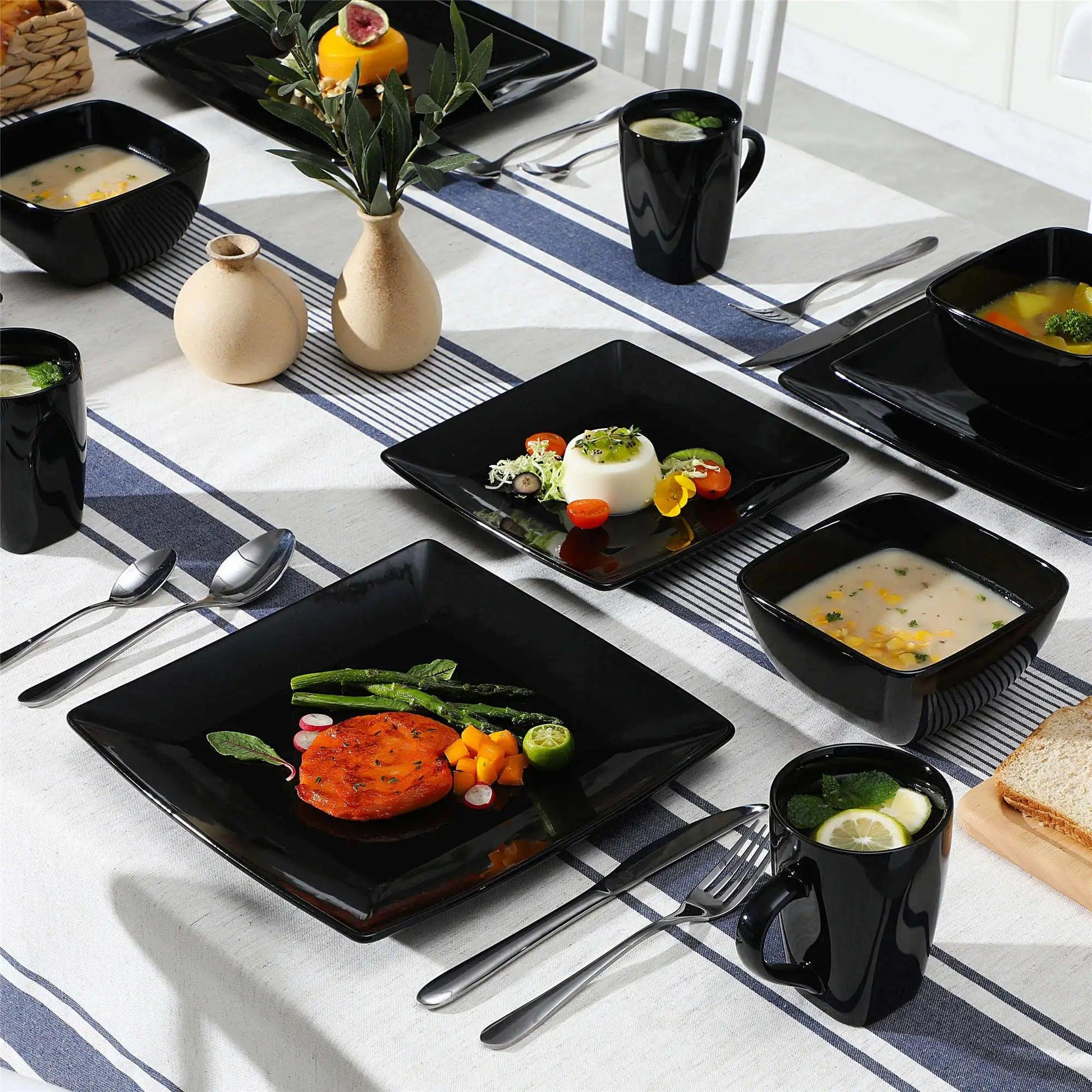 Vancasso SOHO 16/32/48-Piece Black Ceramic Porcelain Square Dinnerware Set with Dinner Plate,Dessert Plate,Bowl,240ml Mug Set - Buy Cheaply Furniture