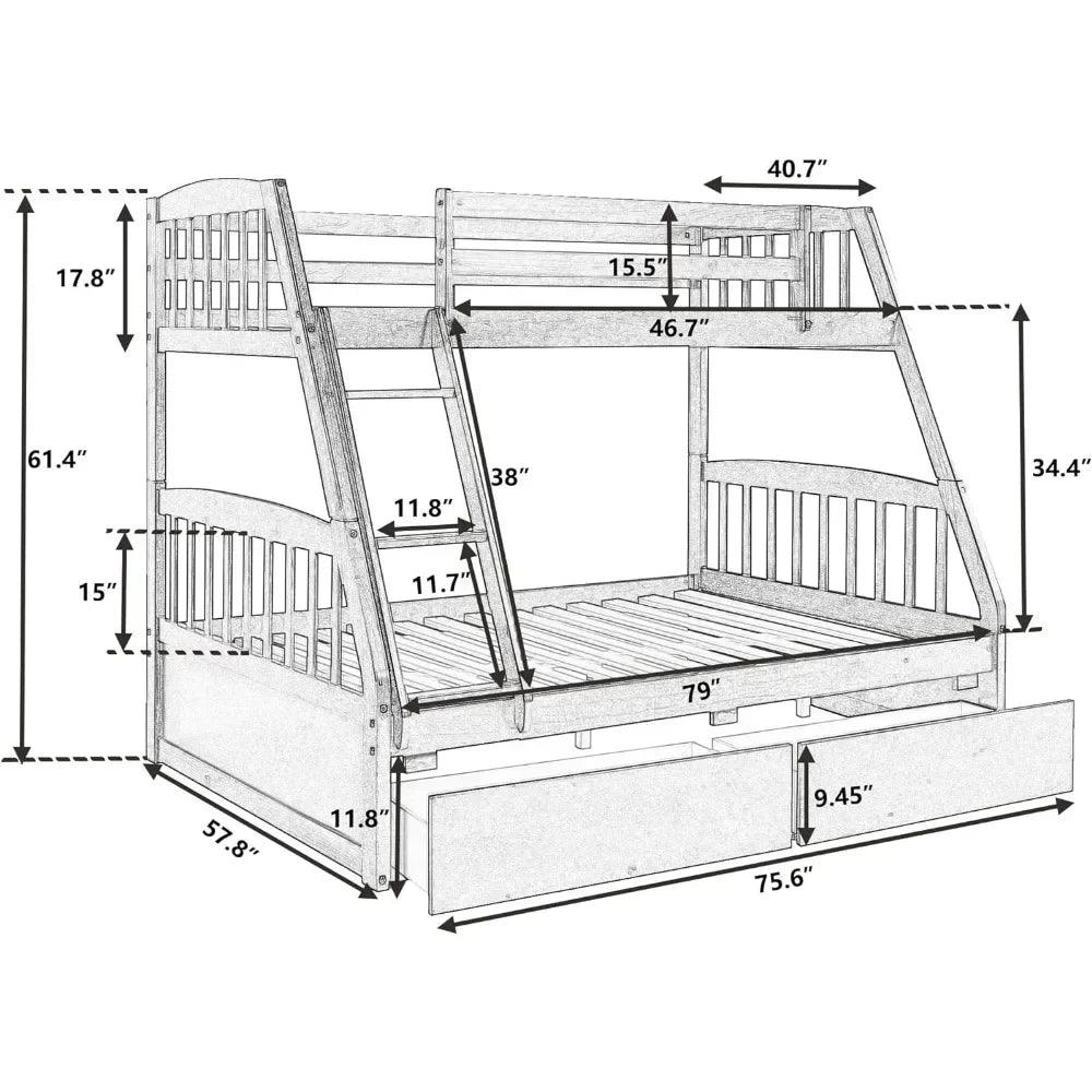 Solid Wood Twin Over Full Bunk Bed with Two Storage Drawer - Buy Cheaply Furniture