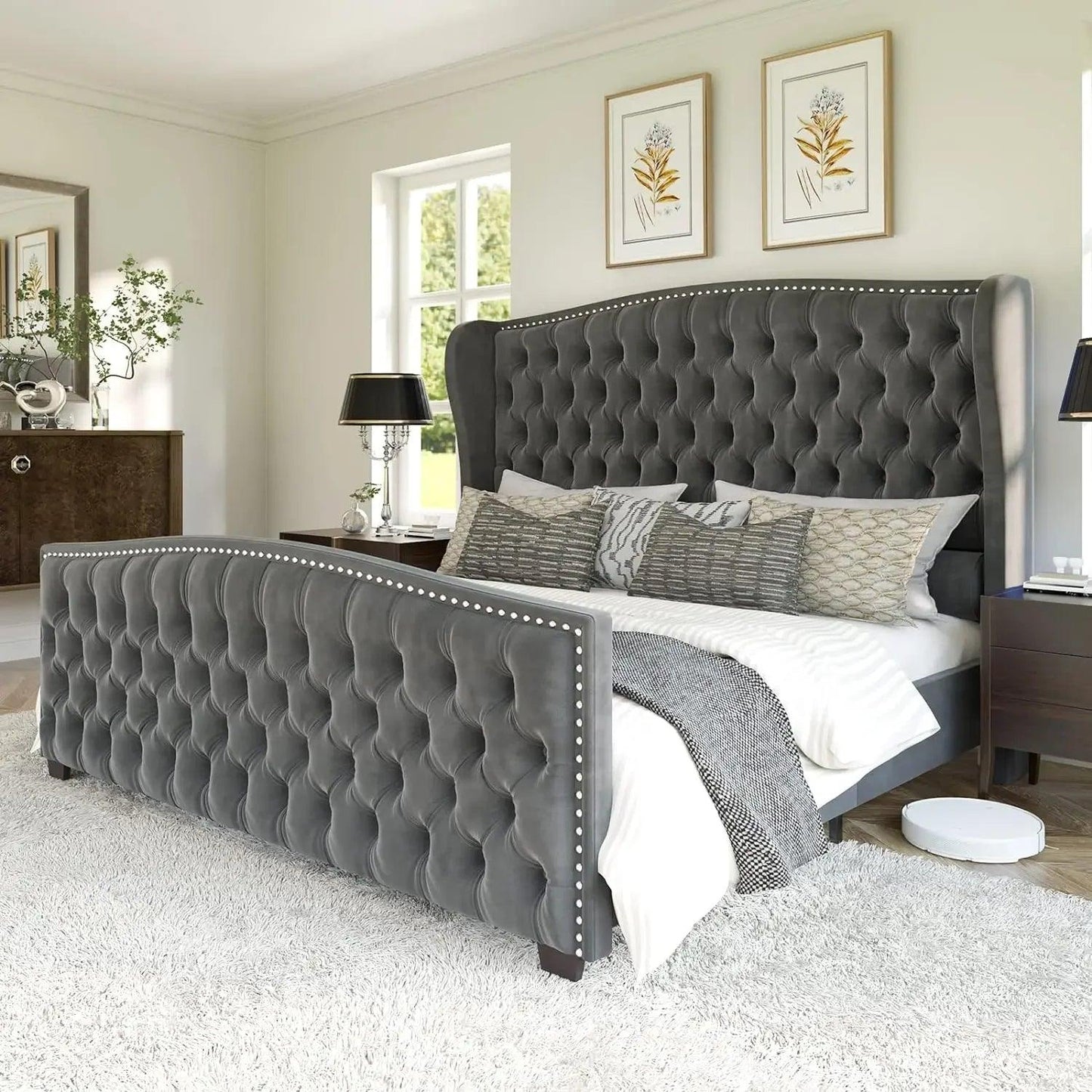 Velvet Upholstered Bed with Deep Button Tufted & Nailhead Trim Wingback Headboard - Buy Cheaply Furniture