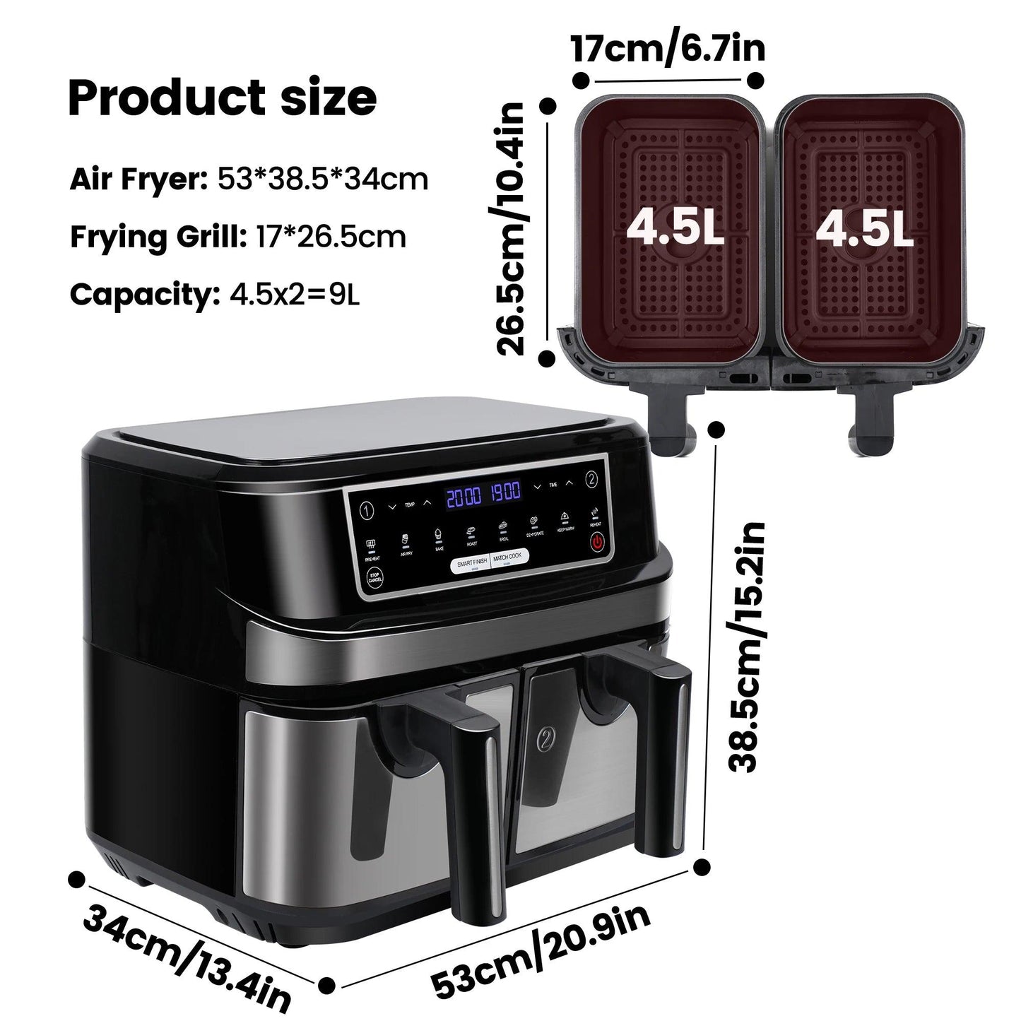 Hot Air Fryer Double Chamber 9 Litres XXL Air Fryer with 2 Independent 4.5L Drawers 8 Automatic Programmes with LED Touch Screen - Buy Cheaply Furniture