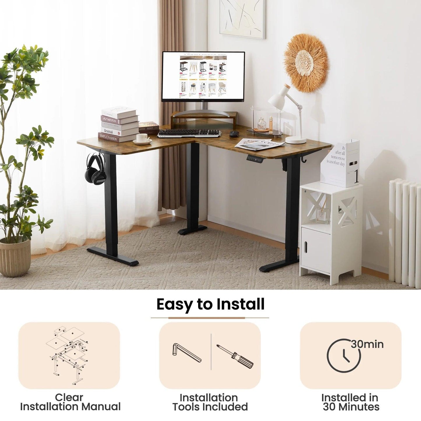 Electric L-shaped Sit Stand Desk Corner Table 140x120cm Height Adjustable Computer Desk with 4 Memory Controls Monitor Stand - Buy Cheaply Furniture