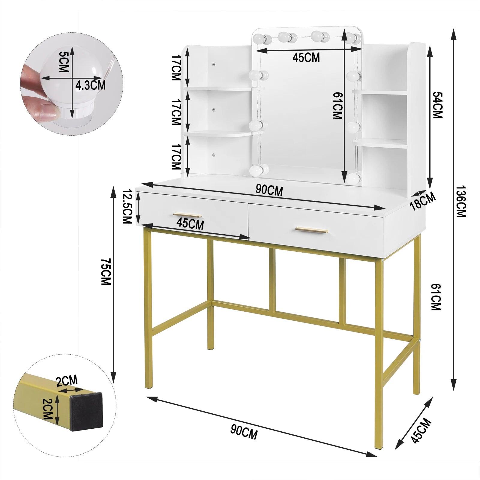 White Gold Vanity Desk with Mirror LED Lighting 2 Drawers Modern Dresser Dressing Table Makeup Table for Bedroom Household Home - Buy Cheaply Furniture