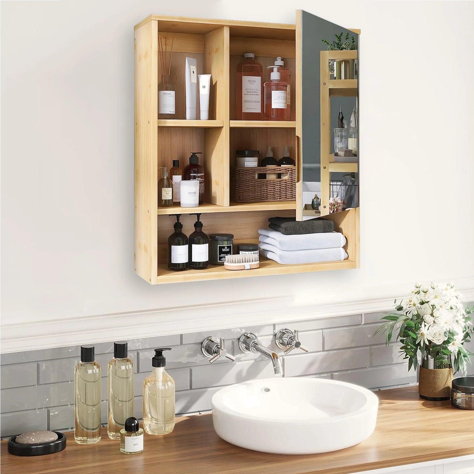 Wall Medicine Cabinet Natural Bamboo Bathroom Storage Cabinet with Mirror - Buy Cheaply Furniture