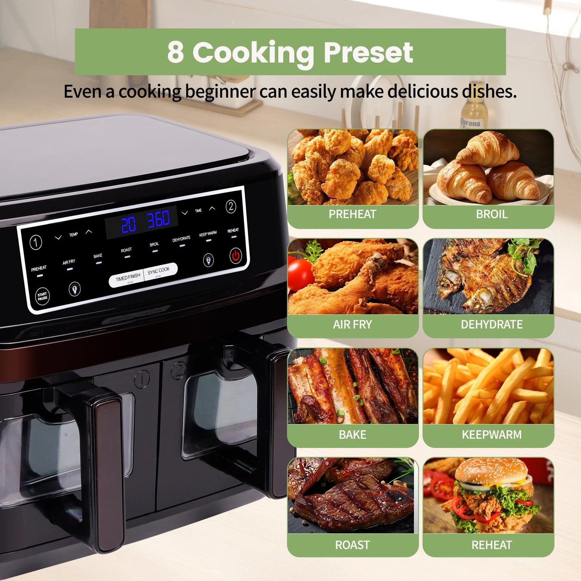 Hot air fryer 2 chambers with viewing window, 10L Double drawers, Hot air fryer with touch screen 8 auto progrmas - Buy Cheaply Furniture