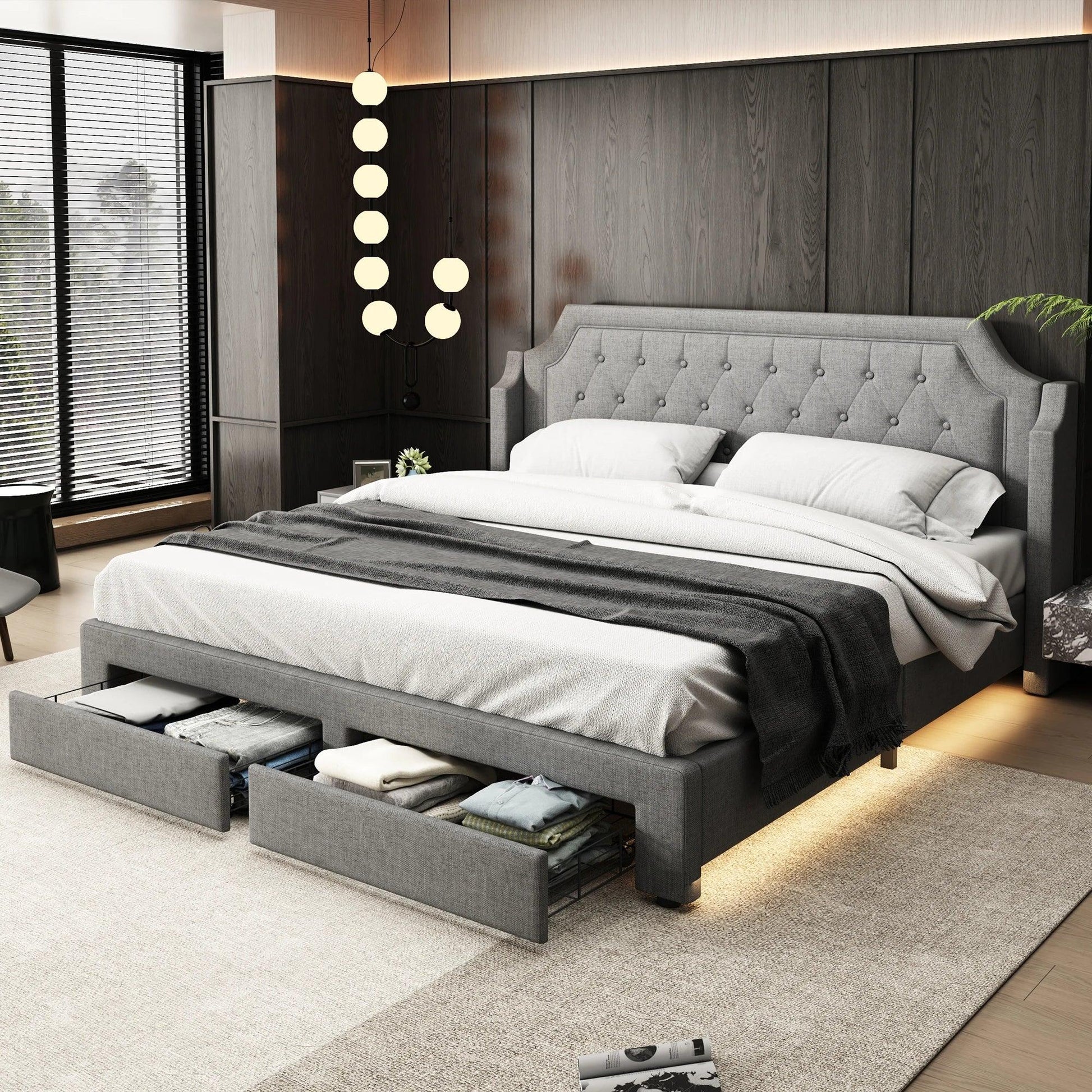 Upholstery bed 180x200 with slatted frame and 2 drawers, LED bed, linen, Gray, (Without mattress) - Buy Cheaply Furniture