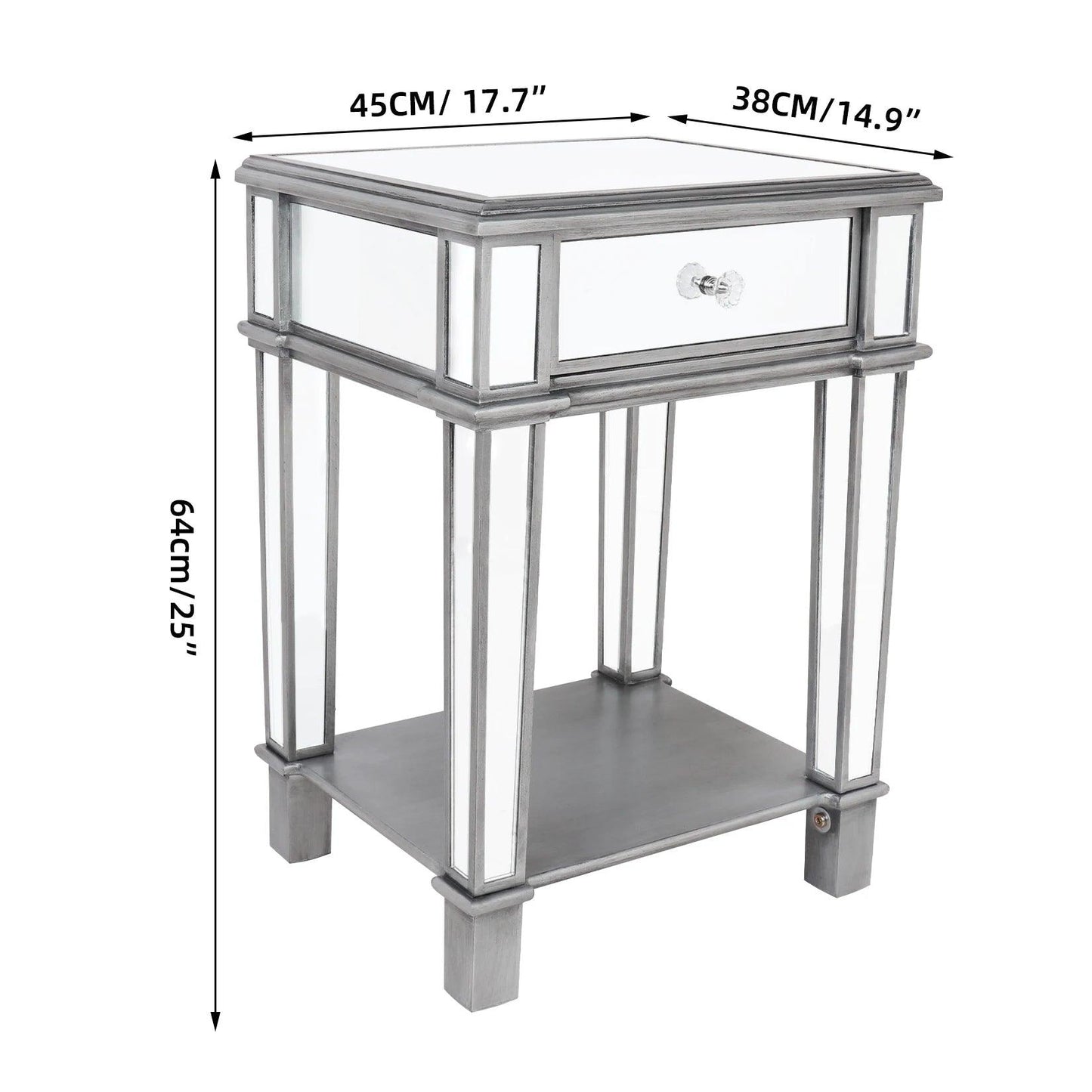 Silver Mirrored End Table for Living Room Bedroom, 2 Tier, Sofa Side, Bedside Cabinet, Nightstand Desk with Drawer - Buy Cheaply Furniture