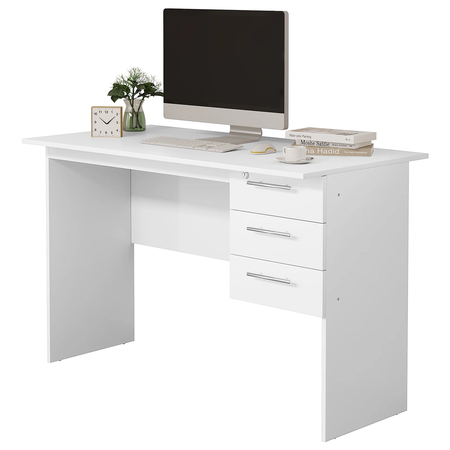 Black/White Chipboard Office Desk with Lock & 3 Drawers for Study