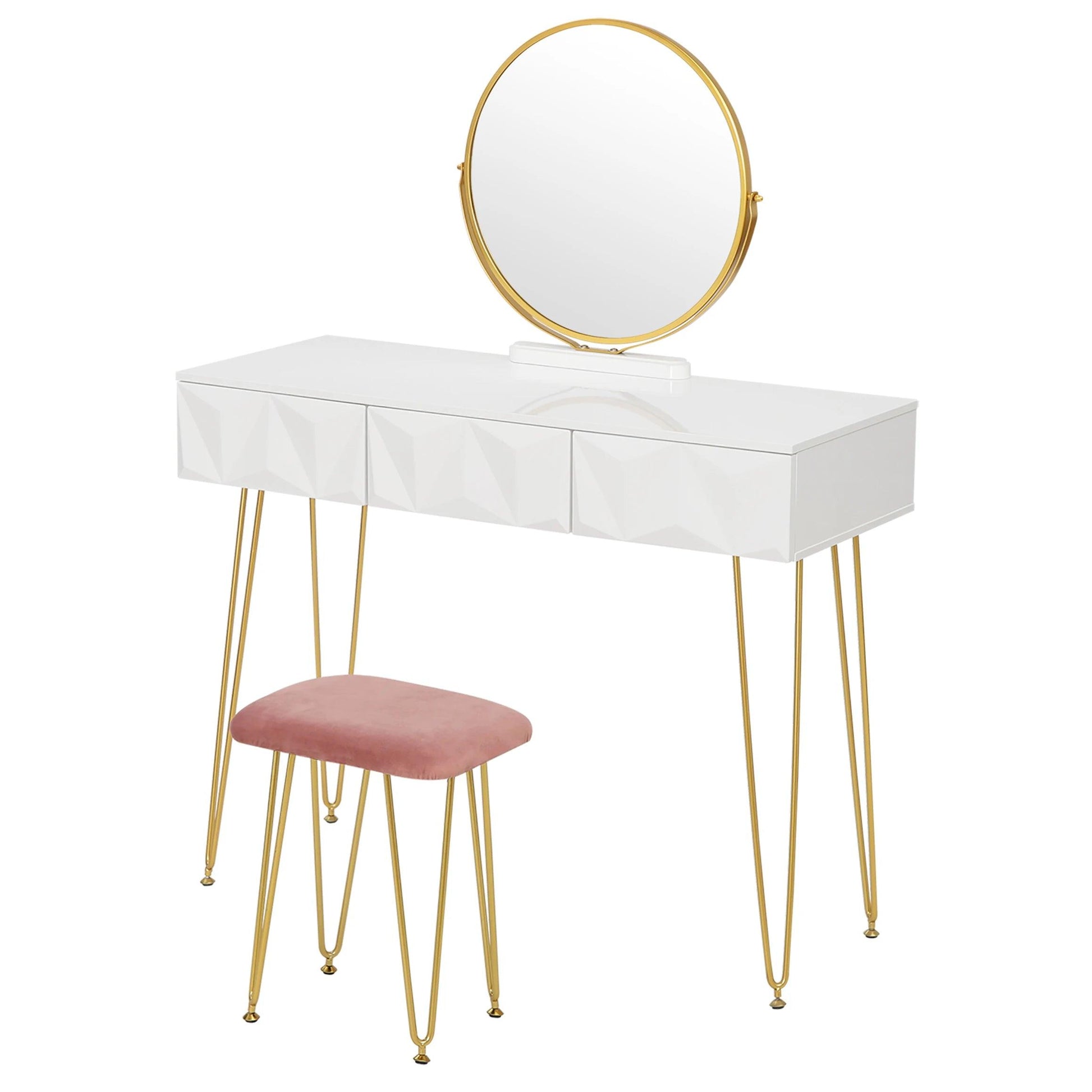 1SET White Gold Dressing Table with 360° Swivel Mirror 3 Drawers 3D Effect Velvet Stool Cosmetic Makeup Vanity Table for Bedroom - Buy Cheaply Furniture