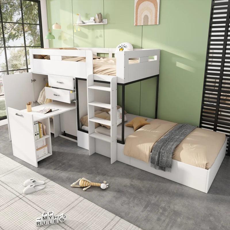 Bunk bed with pull-out desk and wardrobe, Multifunctional cot, Children's bunk bed, With drawer, Shelves, Ladders - Buy Cheaply Furniture