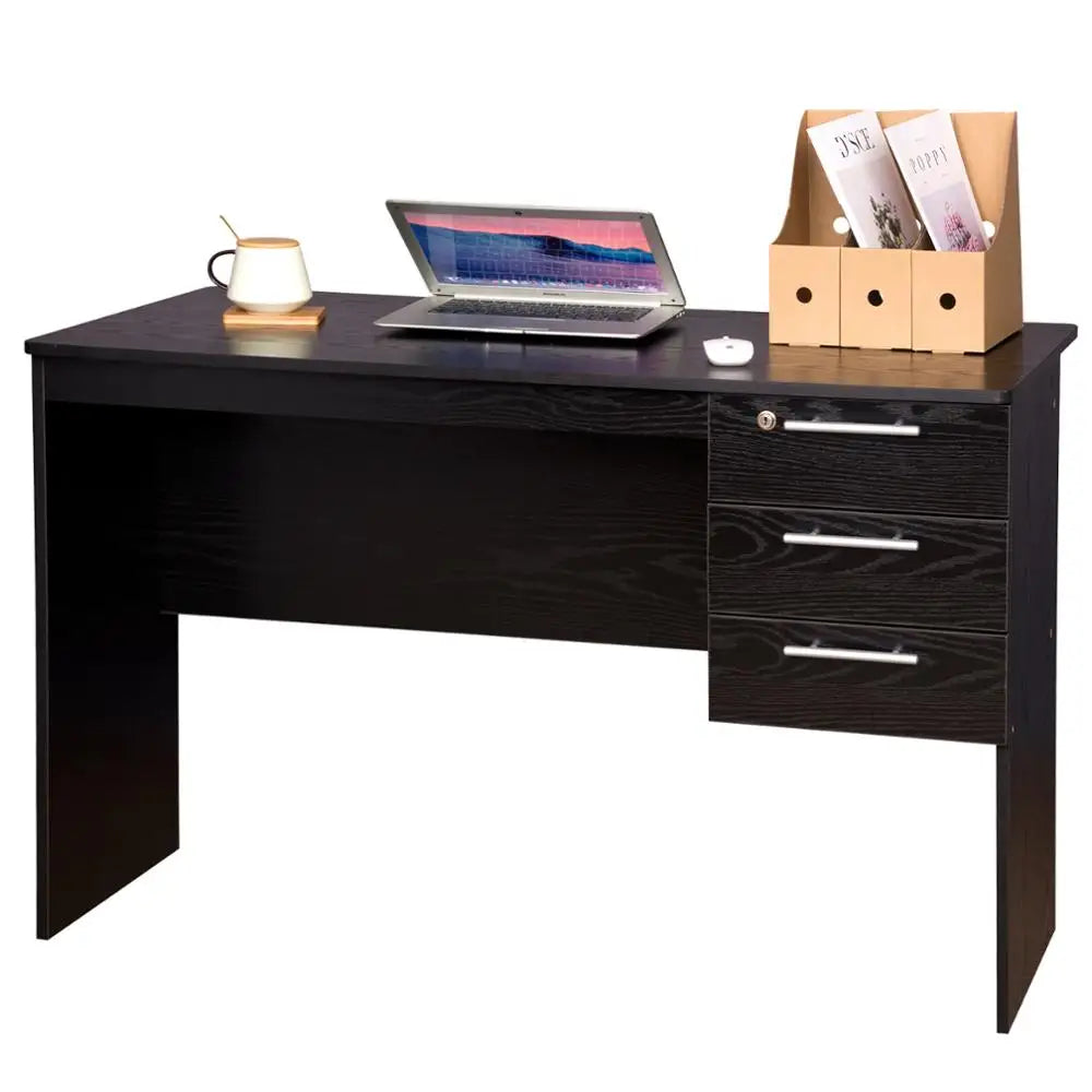 Black/White Chipboard Office Desk with Lock & 3 Drawers for Study