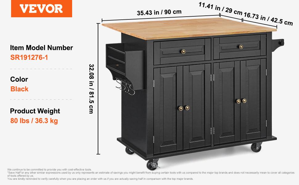 VEVOR 43" Kitchen Island Cart Wood Top Mobile Carts with Storage Cabinet Rolling Table with Drop Leaf Spice Rack Towel Bar Black - Buy Cheaply Furniture