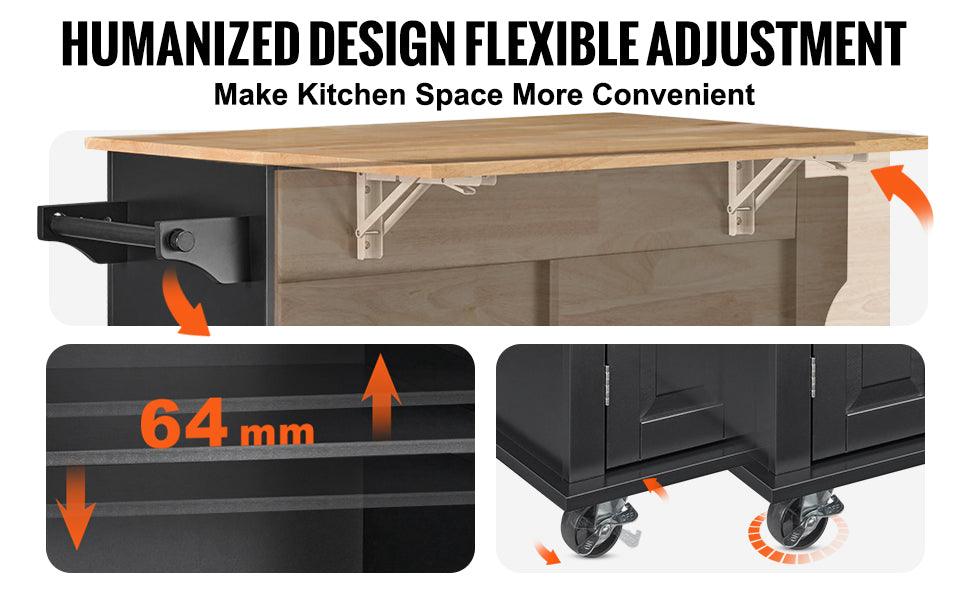 VEVOR 43" Kitchen Island Cart Wood Top Mobile Carts with Storage Cabinet Rolling Table with Drop Leaf Spice Rack Towel Bar Black - Buy Cheaply Furniture